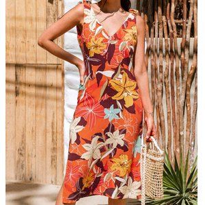 NWOT Orange Floral Tie Shoulder Summer Midi Dress Size Medium